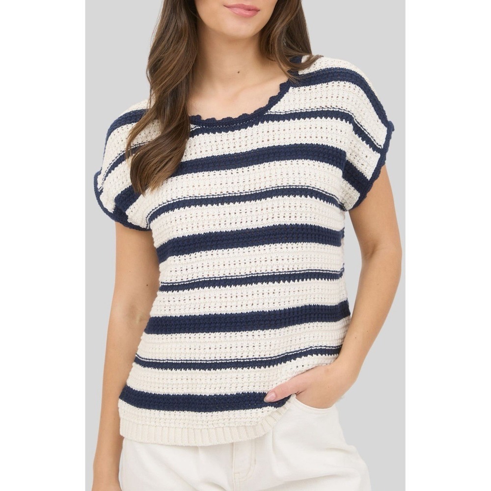 Blu Pepper Women's Short Sleeve Striped Crochet Sweater Navy Stripe Size Small